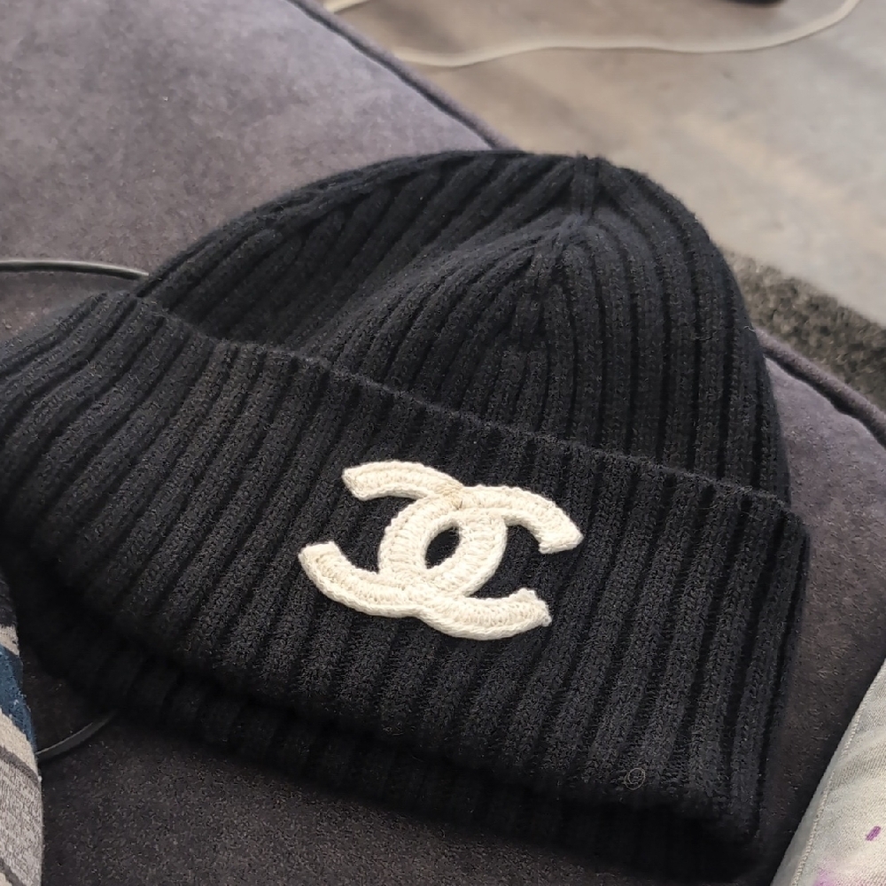 CHANEL Black Knit Hat with White Logo